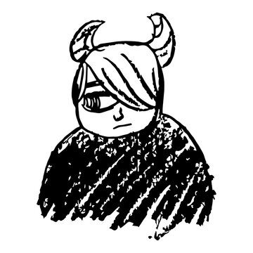 Gloomy man with devil horns and long bangs covering one eye, hand-drawn black and white line art portrait