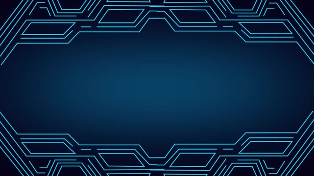 Circuit board pattern animation outlines central copy space on dark. Processor hardware computing data routes on board. Technology consoles use active pattern online.