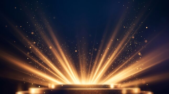 Golden light rays and pedestal for celebration background with a dark gradient