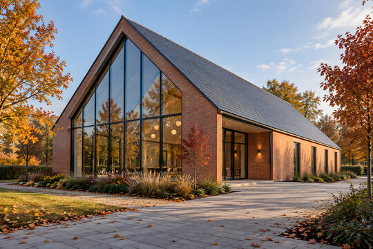 Brick Gable Community Hall along an Autumn Path