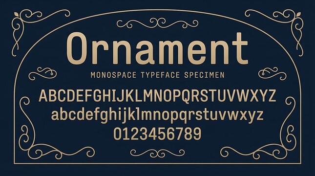 Vintage Monospace Typeface Specimen with Elegant Ornamental Border on Dark Background