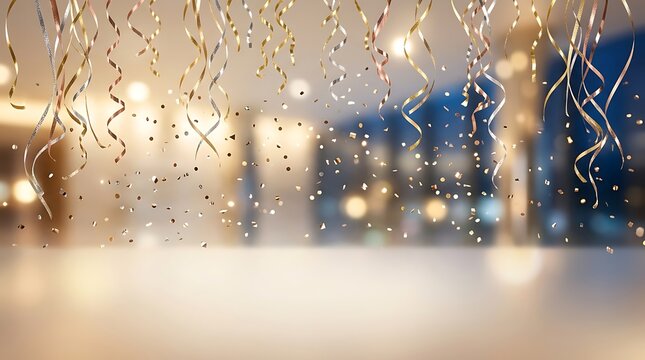 Golden confetti and streamers celebration background with blurred city lights