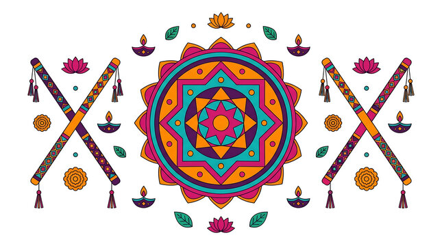 Happy Navratri festival elements with Dandiya sticks on transparent background isolated on white