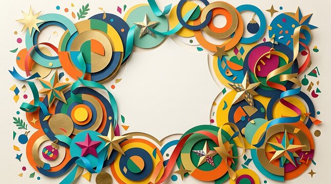 Colorful celebration background with paper cut shapes stars and confetti