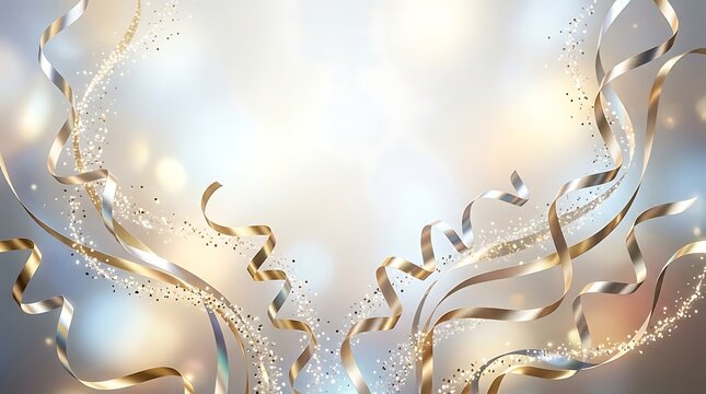 Golden confetti and ribbons celebration background with sparkling lights