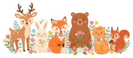 Fototapeta premium Cute woodland animals illustration featuring a deer rabbit fox bear cat and squirrel.