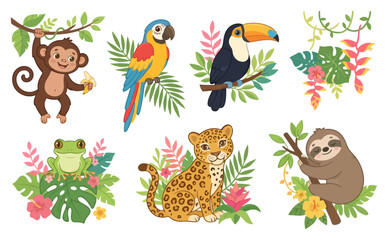 Fototapeta premium A collection of cute jungle animals including a monkey parrot toucan frog leopard and sloth.