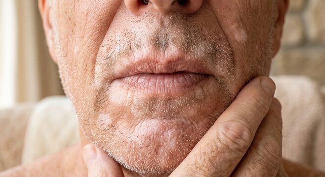 Macro shot of older man lower face displaying vitiligo skin condition with depigmentation spots around mouth and beard