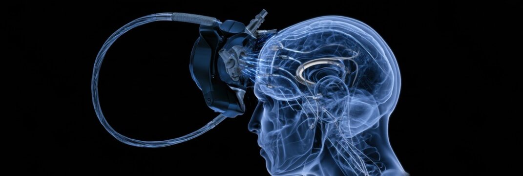 A magnetic coil device positioned near the scalp, focused on delivering magnetic pulses for brain stimulation.