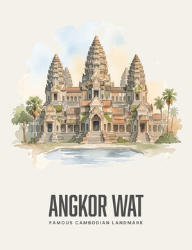 Angkor Wat Temple Watercolor Style Vector Landmark Poster Art