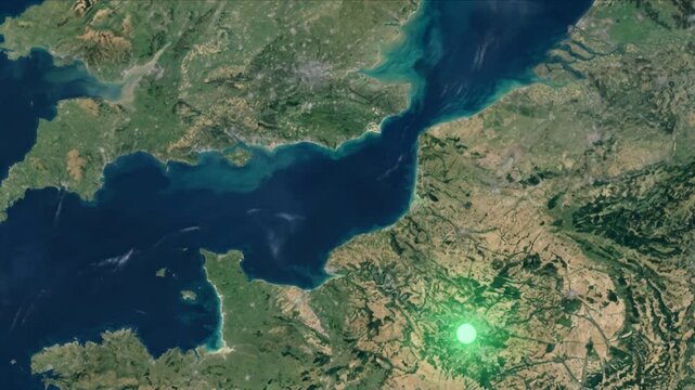 衛星視点の西ヨーロッパでロンドンとパリを結ぶ光ネットワーク通信のCG