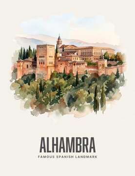Alhambra Palace Watercolor Style Vector Poster of Famous Spanish Landmark