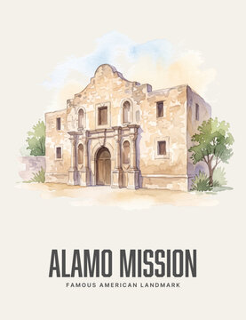 Alamo Mission Watercolor Style Poster of Famous American Landmark