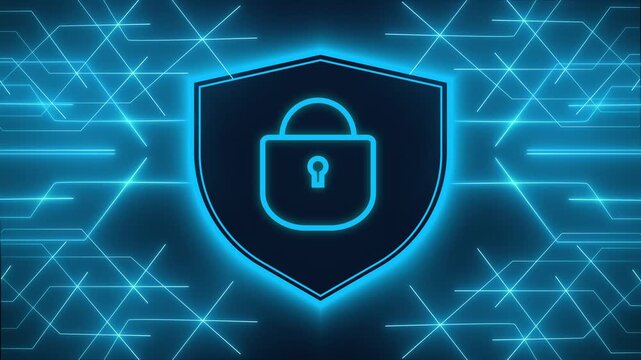Shield icon animation displays a locked padlock over a circuit network. Data privacy defense confirms through active shield icon. Consoles operate with shield icon.