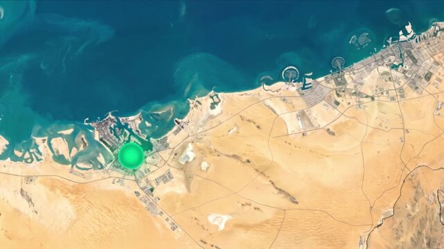 衛星視点のアラブ首長国連邦でドバイとアブダビを結ぶ光通信網のCG映像