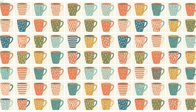 Seamless pattern with colorful hand drawn ceramic mugs, coffee cups, and tea cups on a light background.