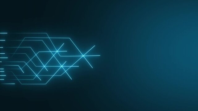 Network lines animation displays interconnected geometric nodes on dark. Cyberspace telecom routing data guides network lines. Consoles operate with network lines.