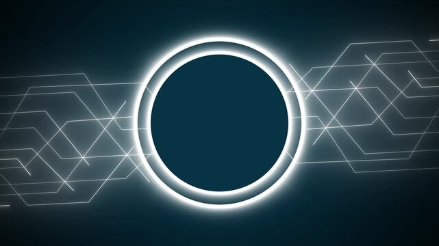 Network lines animation centers an illuminated circular core on dark. Cyberspace telecom data coordinates guide the lines. Interface consoles operate with network lines.