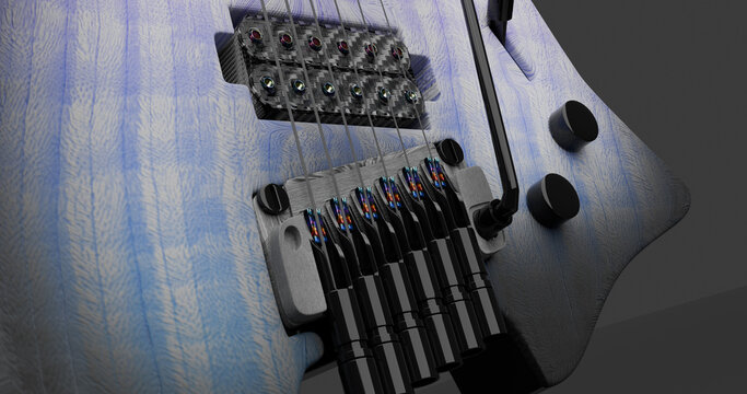 Electric guitar close up showing tremolo bridge and pickups with