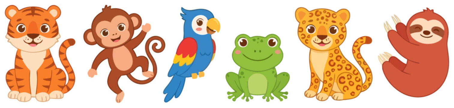 A collection of cute cartoon jungle animals including a tiger monkey parrot frog leopard and sloth.