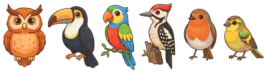 Fototapeta premium A collection of six colorful cartoon birds including an owl toucan parrot woodpecker robin and small songbird.
