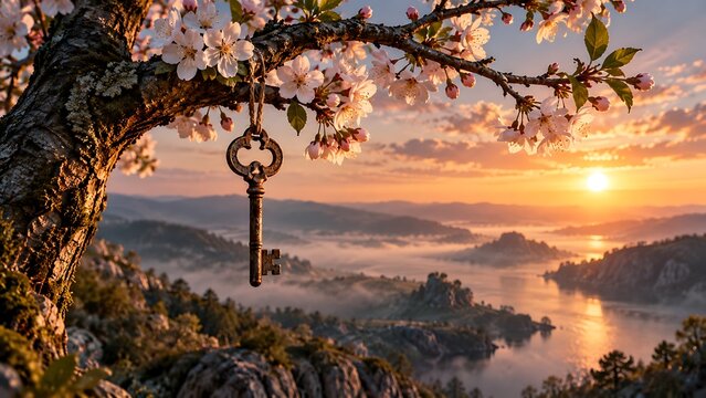 Single rusty key hanging from a branch of a blooming tree symbolizing second chances