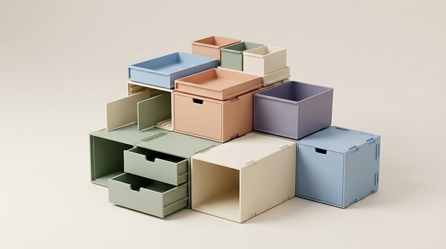 Minimalist Pastel Storage Boxes and Drawers Stacked Neatly on a Clean Background.