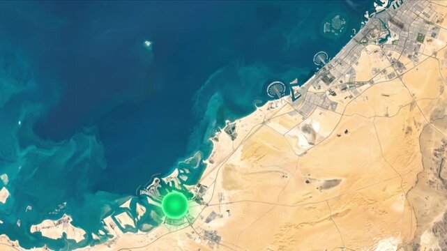 衛星視点のアラブ首長国連邦でドバイとアブダビを結ぶ光通信網のCG映像