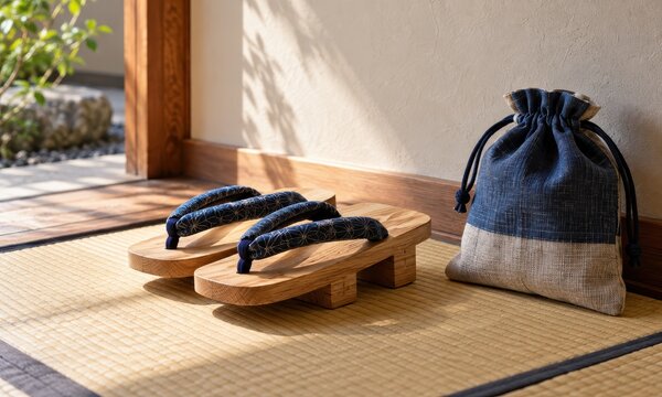 geta sandals rest on tatami beside woven bags