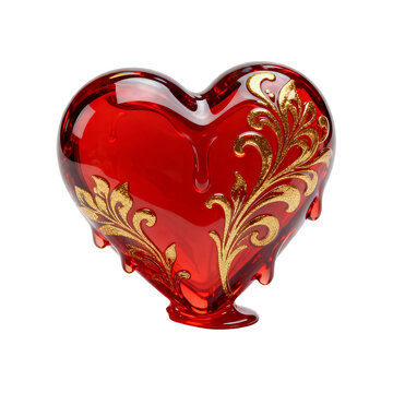 Glossy Red Glass Heart Decorated With Golden Floral Patterns