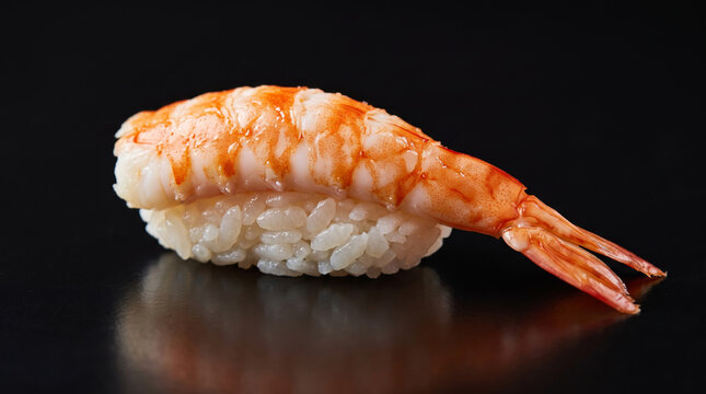 Single Ebi Nigiri Sushi on Black Background