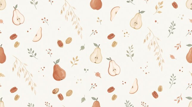 Soft watercolor pears and oats float gently across cream background. Fruit slices, whole pears, and scattered seeds add cozy texture. Tiny leaves and stems weave through the pattern with natural grace