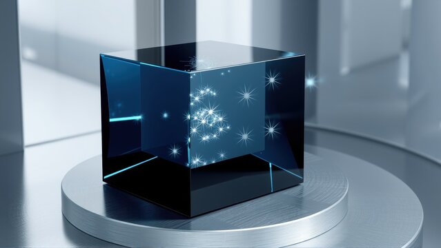 Glowing cube sits atop metal platform. Interior displays bright starbursts, futuristic design, dark background creates dramatic effect.