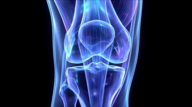 暗視野で張力伝達が均衡する膝蓋骨と膝蓋靭帯複合体の生体医学CG映像