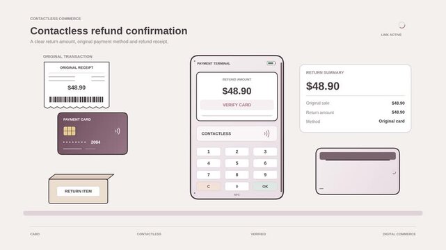 Contactless refund confirmation animation at a retail POS terminal with returned payment, receipt update and transaction status, clean fintech motion graphic for retail service and payment processing
