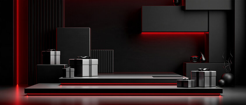 ultra wide luxury ecommerce website hero background for a major shopping event, sophisticated black architectural forms, metallic silver gift boxes, restrained red accent lighting, premium modern