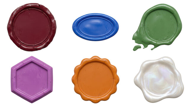 Set of colorful wax seals in different shapes isolated on transparent background