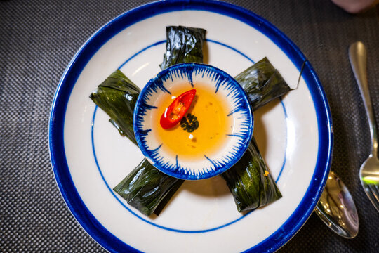 Banh Nam Hue, Vietnamese steamed rice pancake with shrimp, served in Hue, Vietnam.
