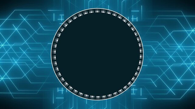 Circular frame animation displays digital vector lines on dark space. Interface screen overlay data guides circular frame. Surveillance consoles operate with frame.