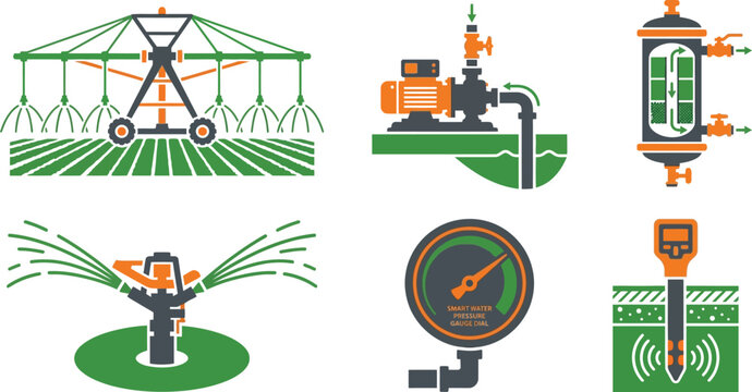 Agricultural irrigation system icons, 6 industrial farming equipment vectors, water pump and sprinkler set for smart agriculture and crop management