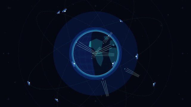 pixel art earth globe rotating with orbiting satellites and signals in space, retro animation loop
