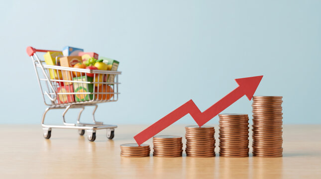 Inflation red arrow economy grocery cart coin stack. Financial crisis recession. stock price increase falling, bankruptcy risk loss, chart graph statistic
