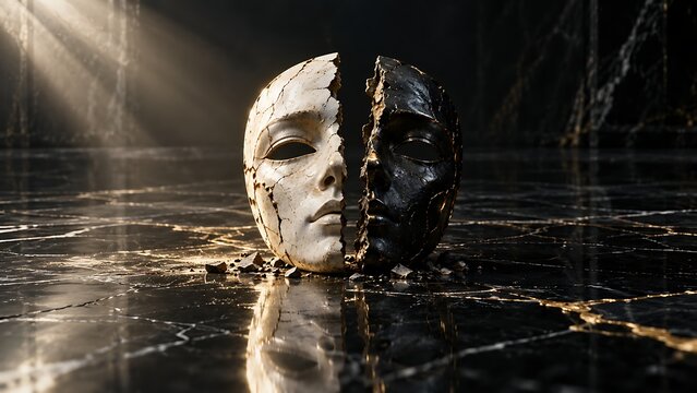 Lone mask split in half on a black marble floor symbolizing duality