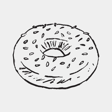 Hand drawn bagel illustration topped with sesame or poppy seeds. High quality vector with dark charcoal line texture, vintage vibe, and crayon sketch style for bakery menus and kitchen prints