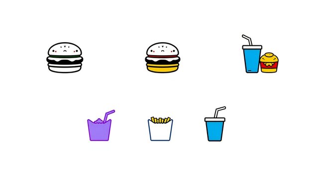 Set of cute fast food icons with burger fries and soda drink