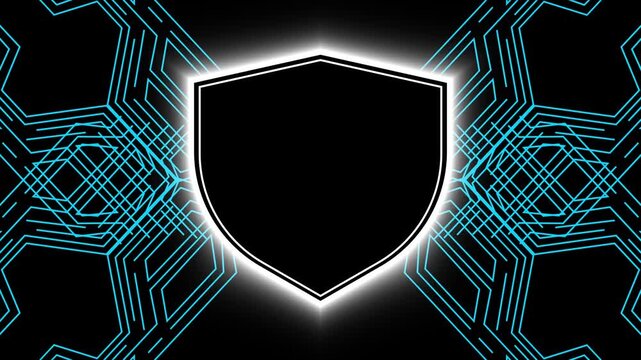 Shield frame animation displays a technical network backdrop on dark. Data privacy defense data guides active shield frame. Security consoles operate with shield frame.