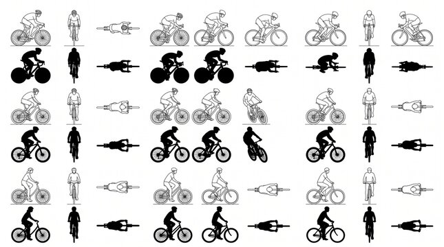 Cycling Sports Action CAD Blocks with Bicycles Top Front Side Elevation