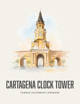 Cartagena Clock Tower Watercolor Style Landmark Poster Art of Colombia
