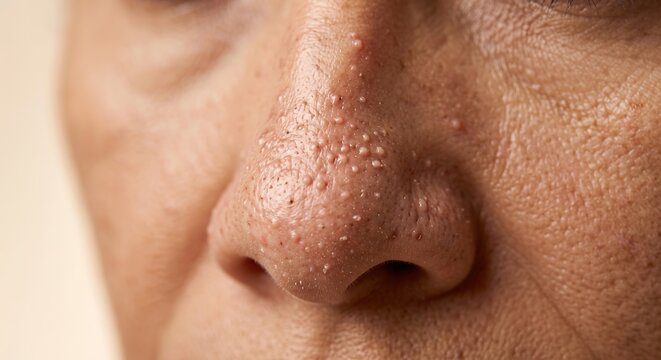 Macro detail of human nose heavily congested with sebaceous filaments whiteheads and enlarged pores