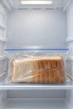 Sliced bread in a sealed freezer bag on a freezer shelf